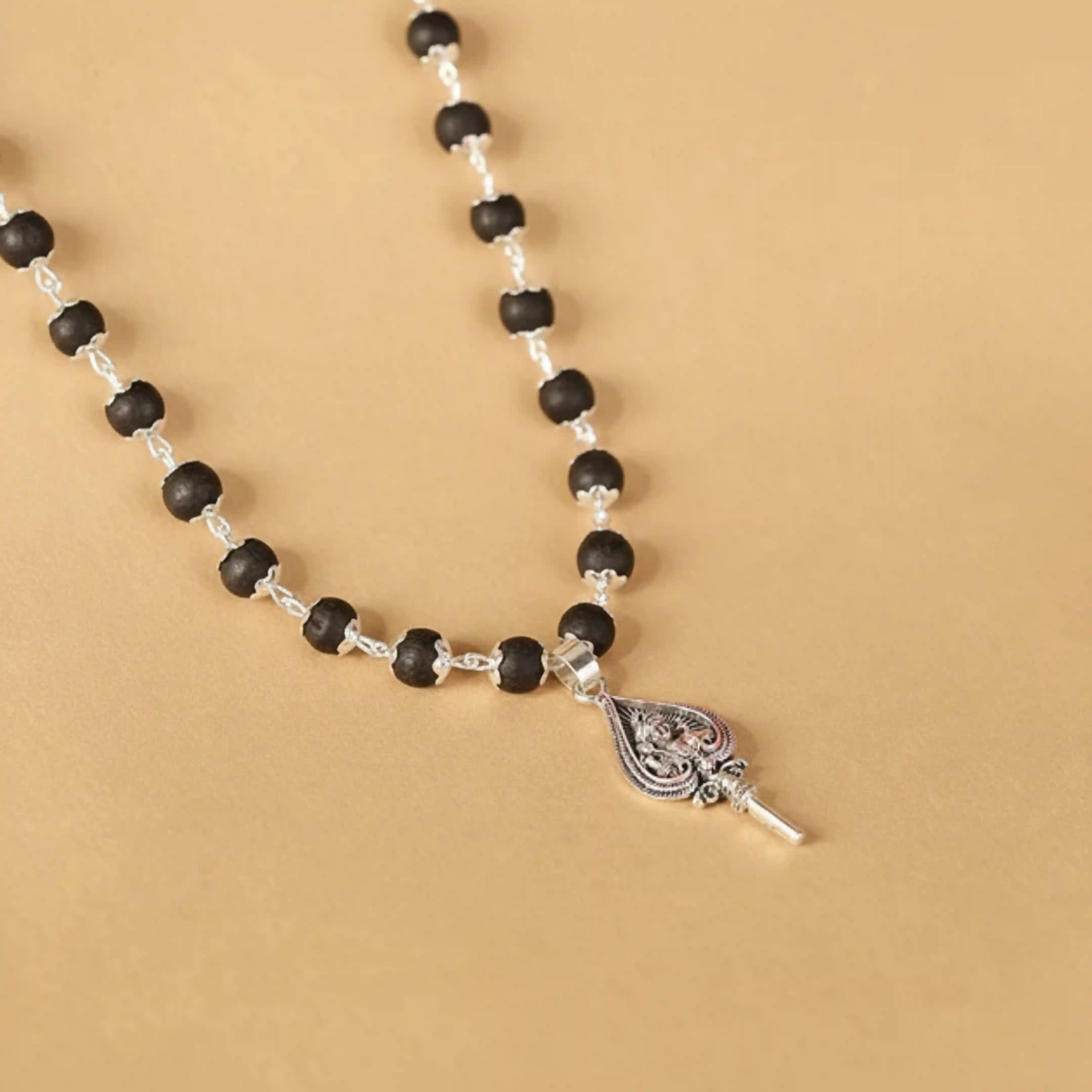 Silver Capped Karungali Malai - Lord Murugan Shastra Pendant