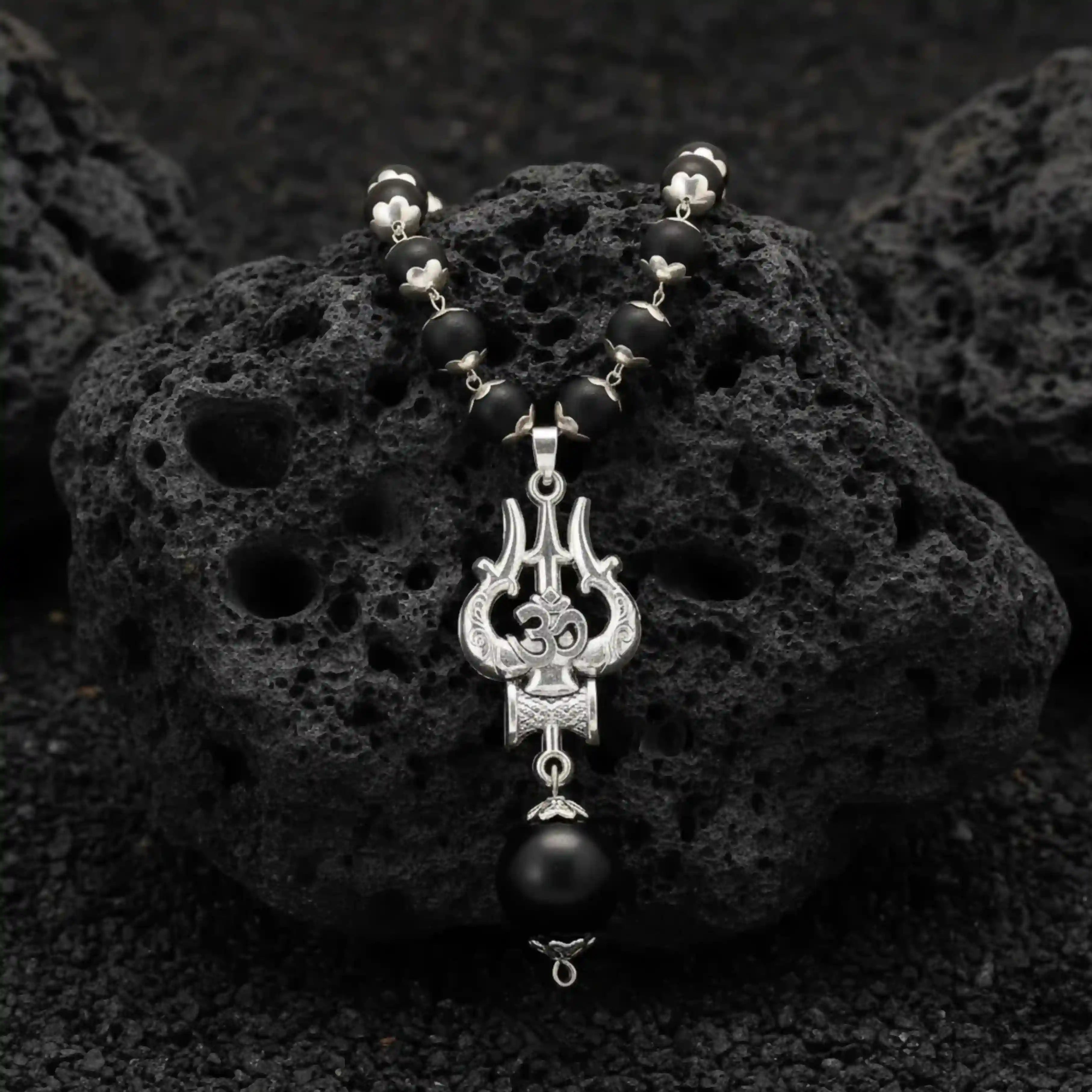 Silver Capped Karungali Malai - Om Trishul Pendant