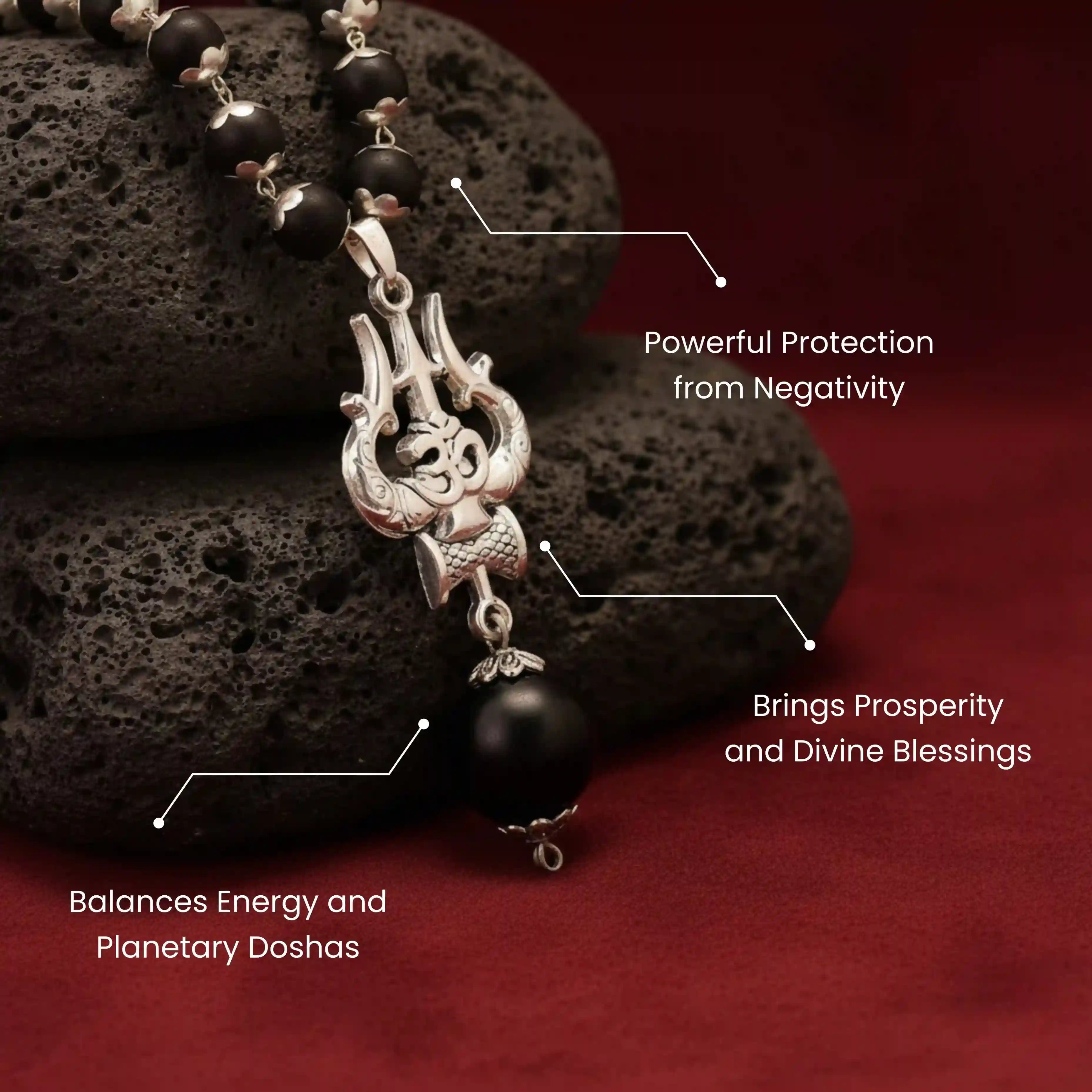 Silver Capped Karungali Malai - Om Trishul Pendant