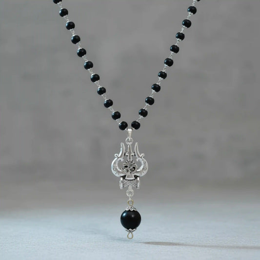 Silver Capped Karungali Malai - Om Trishul Pendant