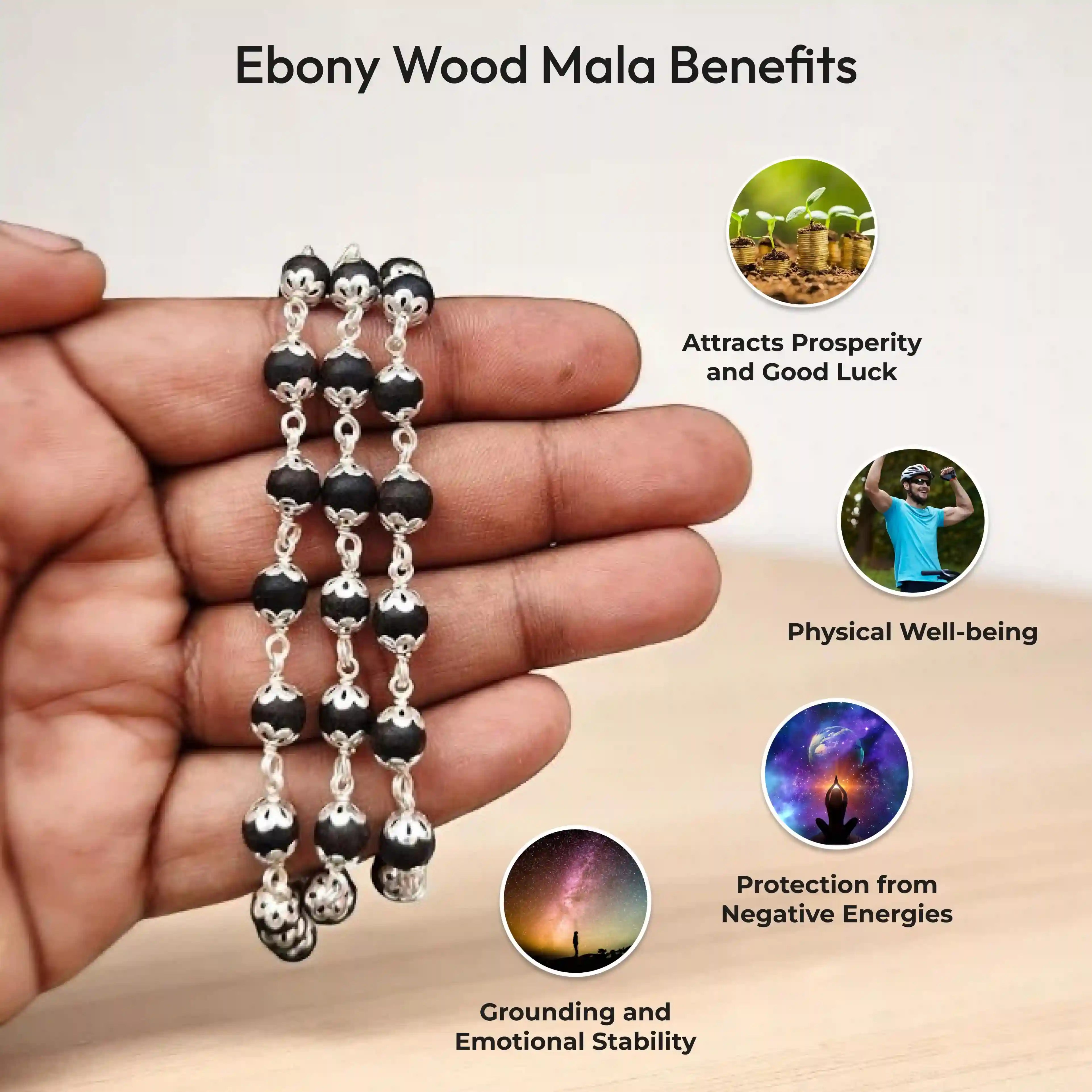 Ebony Wood Mala - 54 Beads Karungali Malai in Silver