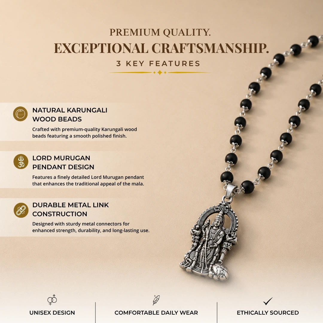 Silver Capped Karungali Malai - Lord Murugan Pendant