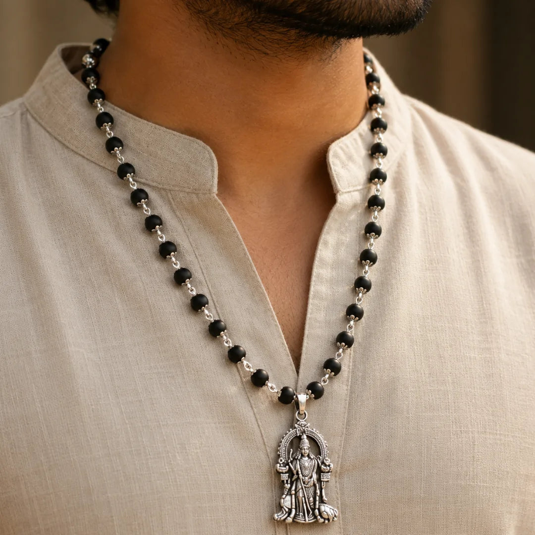 Silver Capped Karungali Malai - Lord Murugan Pendant