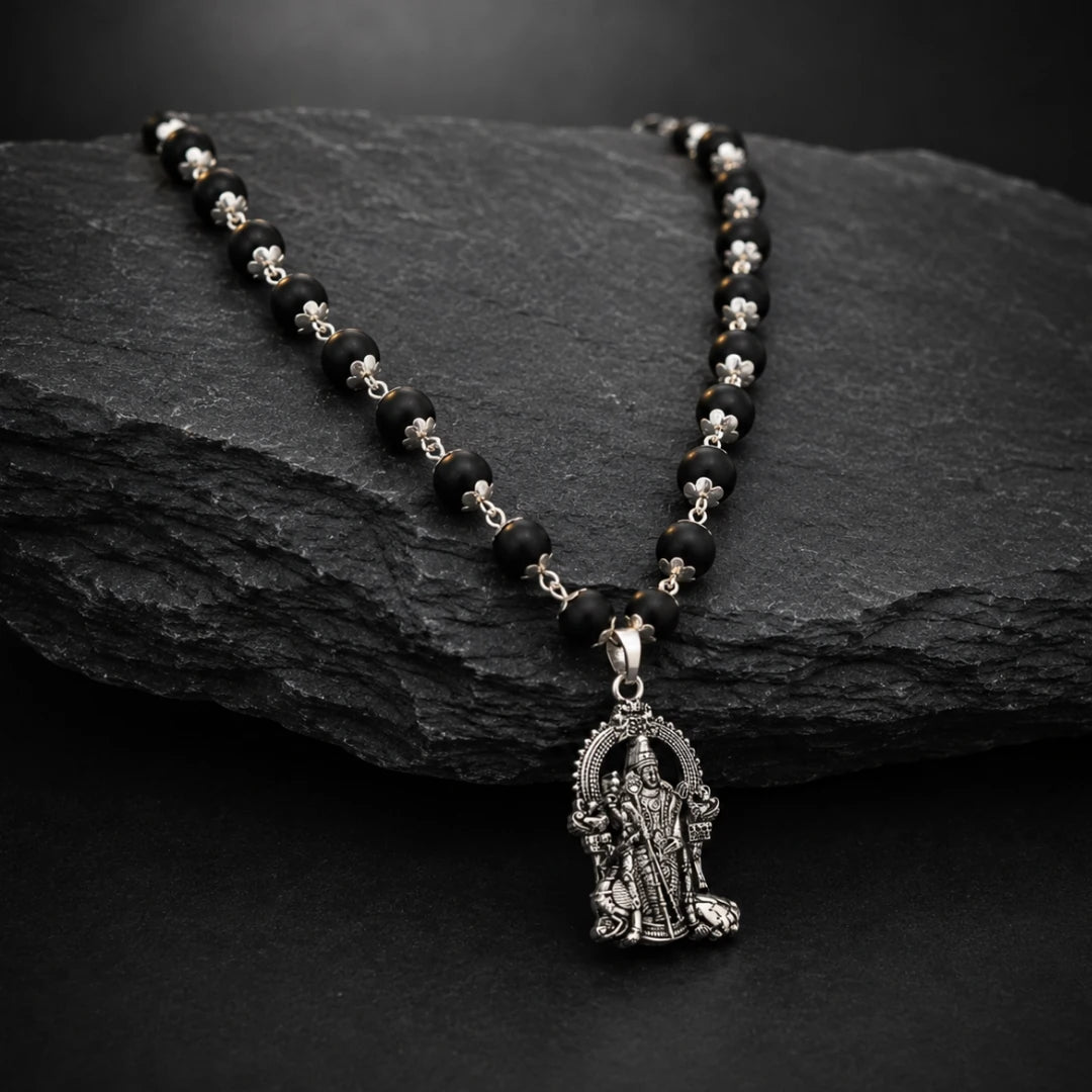 Silver Capped Karungali Malai - Lord Murugan Pendant