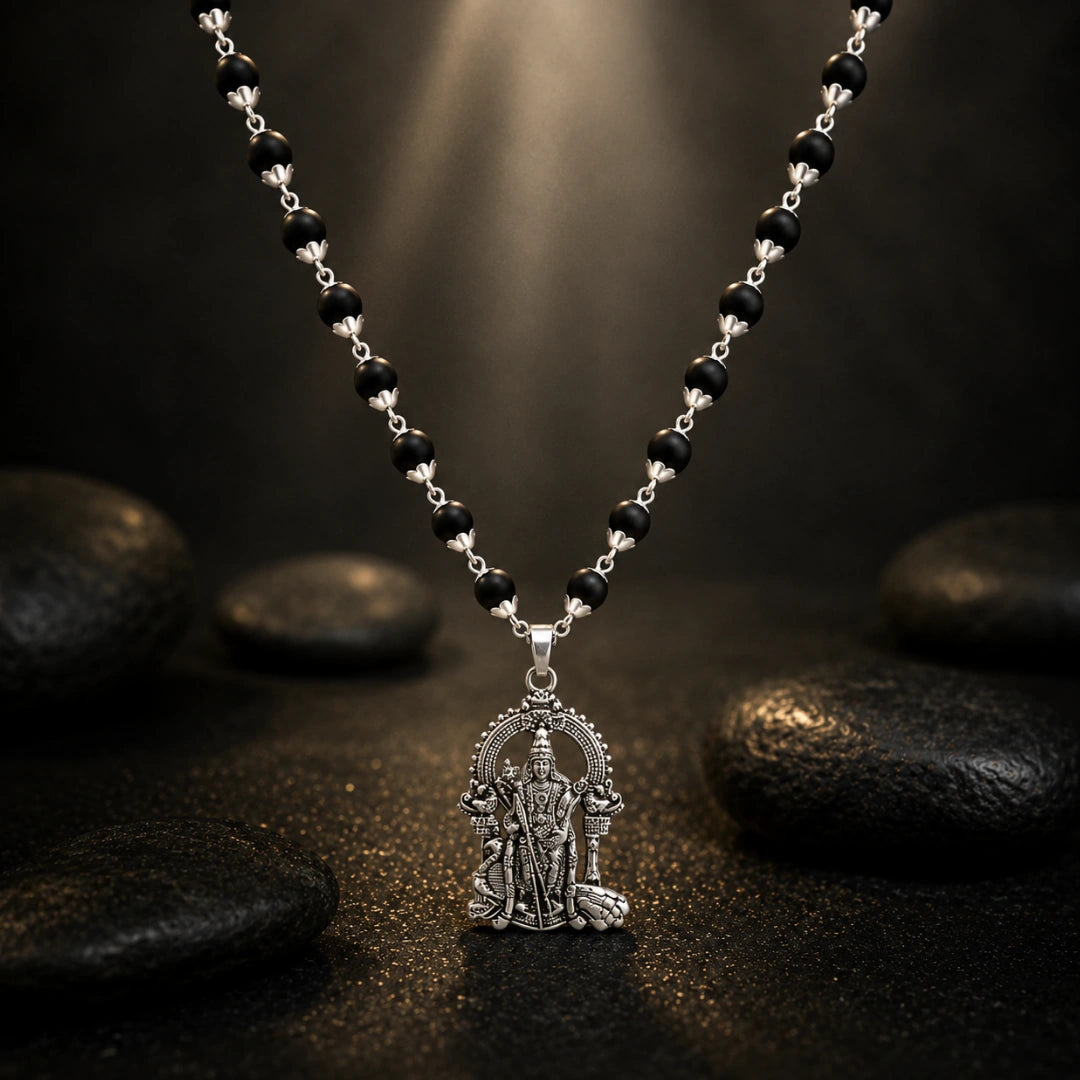 Silver Capped Karungali Malai - Lord Murugan Pendant