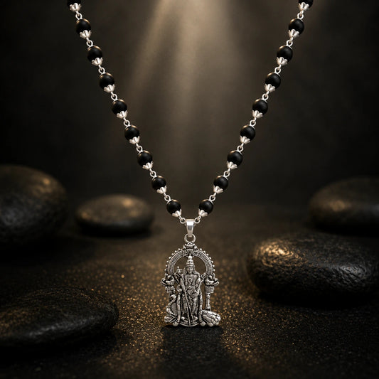 Silver Capped Karungali Malai - Lord Murugan Pendant