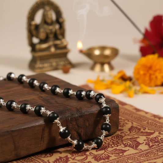 Ebony Wood Mala - 54 Beads Karungali Malai in Silver