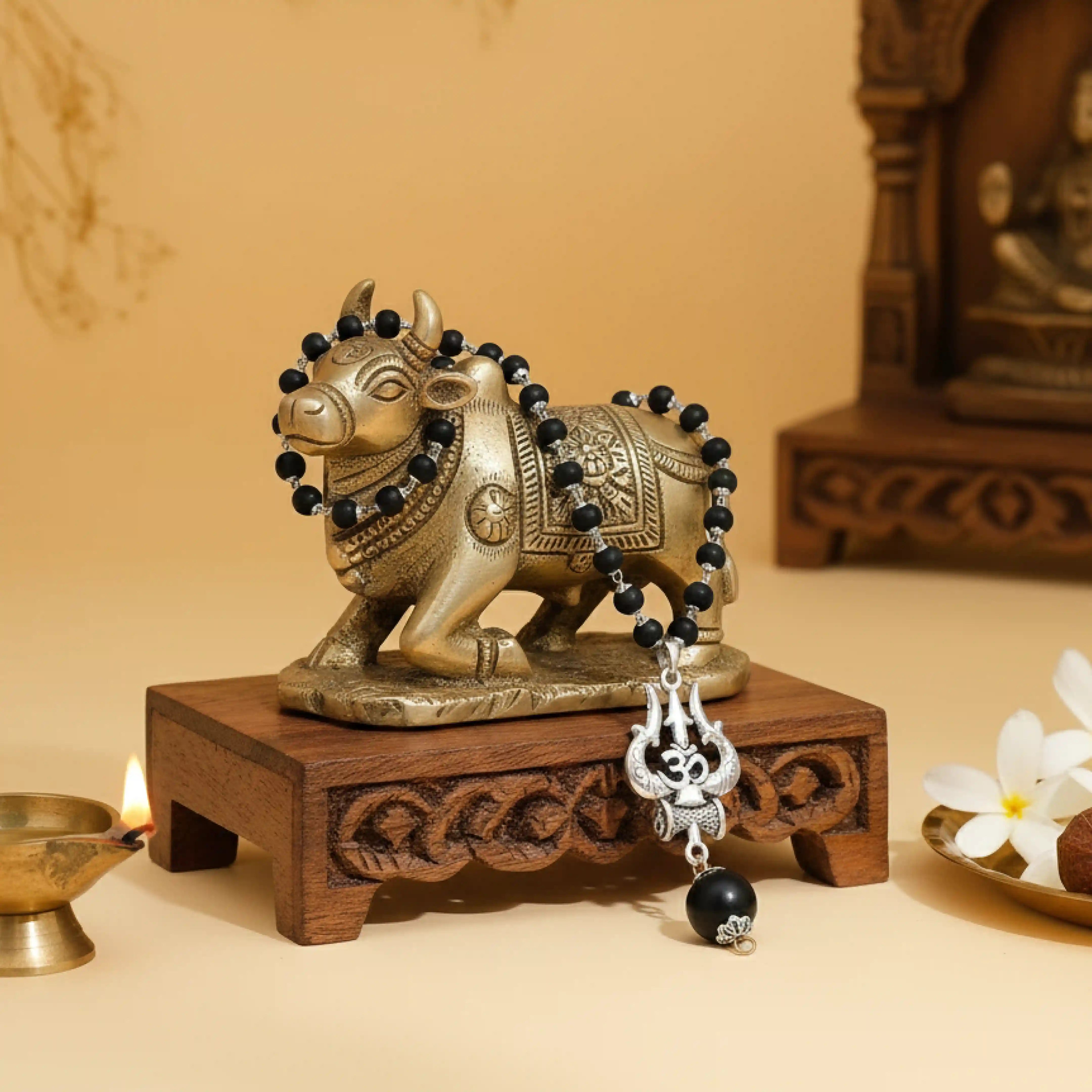 Silver Capped Karungali Malai - Om Trishul Pendant