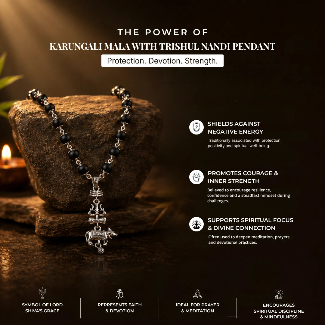 Silver Capped Karungali Malai - Trishul Nandi Pendant