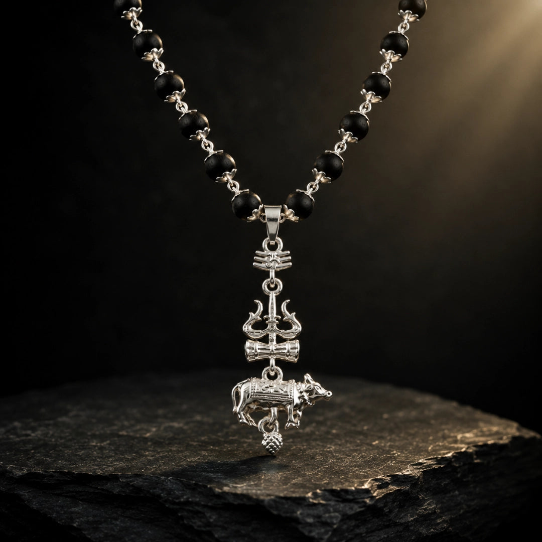 Silver Capped Karungali Malai - Trishul Nandi Pendant