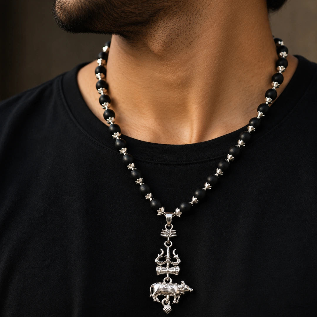 Silver Capped Karungali Malai - Trishul Nandi Pendant