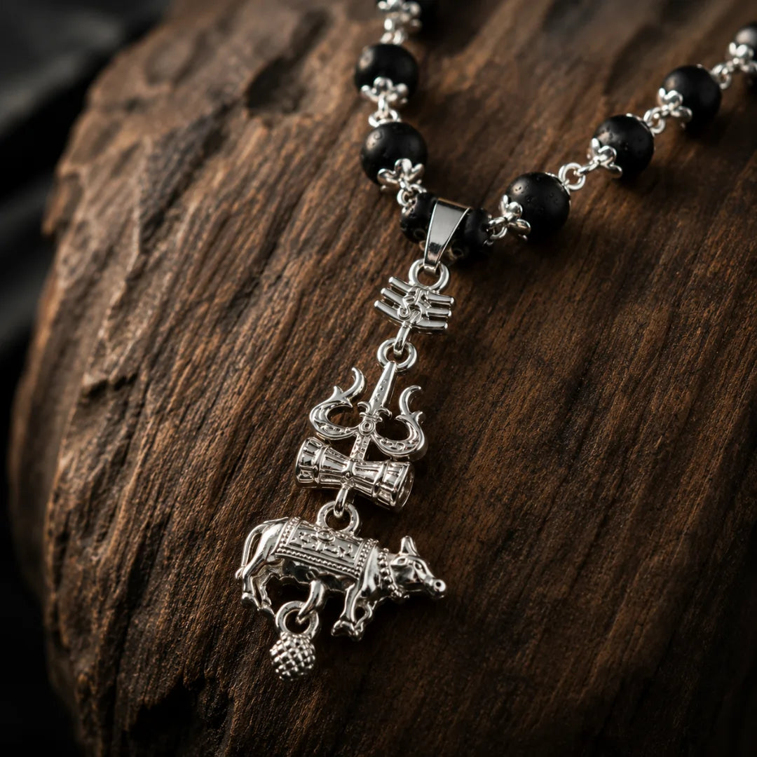 Silver Capped Karungali Malai - Trishul Nandi Pendant