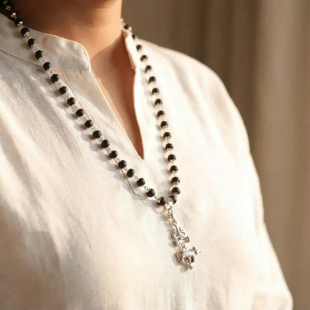 Silver Capped Karungali Malai - Trishul Nandi Pendant