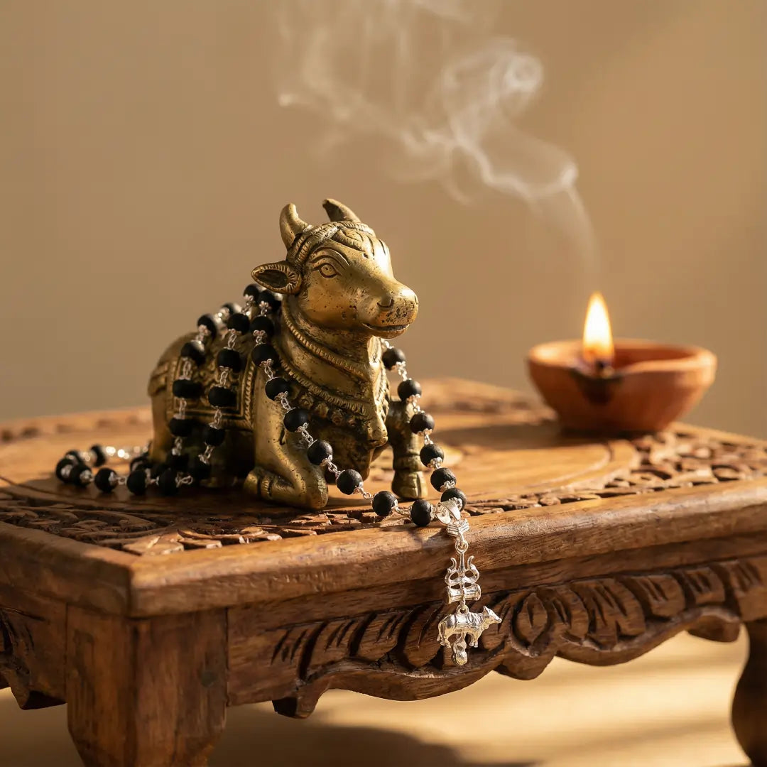 Silver Capped Karungali Malai - Trishul Nandi Pendant