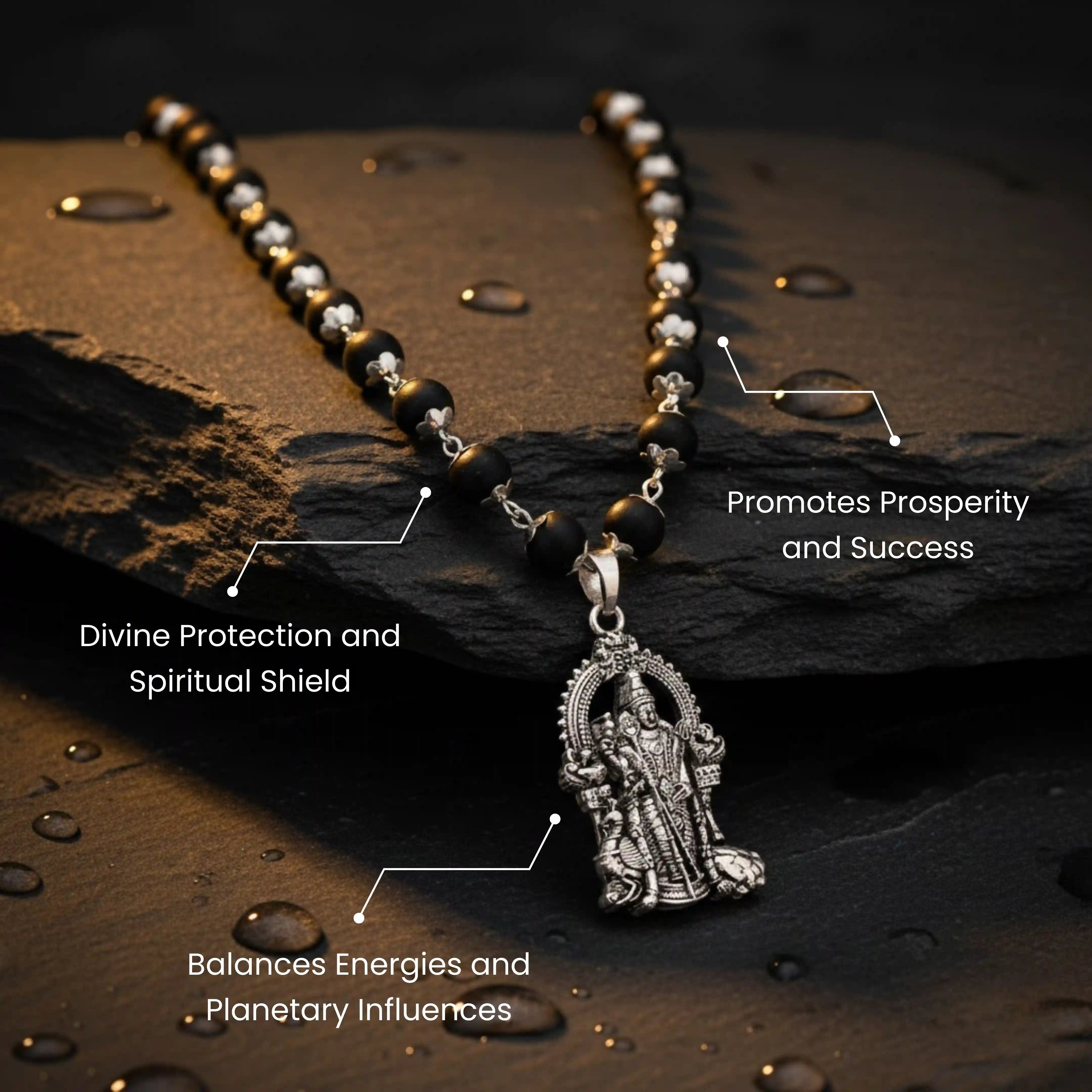 Silver Capped Karungali Malai - Lord Murugan Pendant