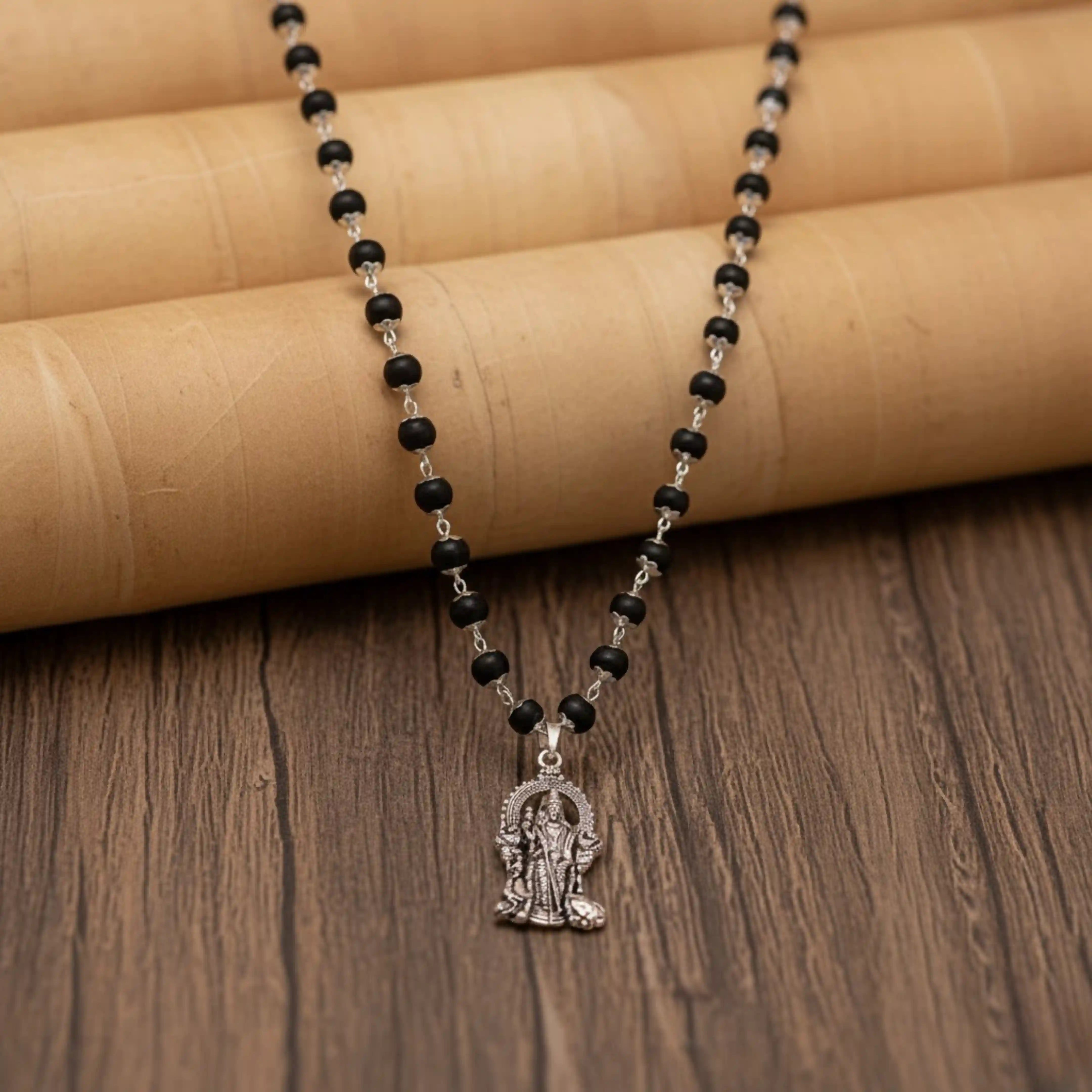 Silver Capped Karungali Malai - Lord Murugan Pendant