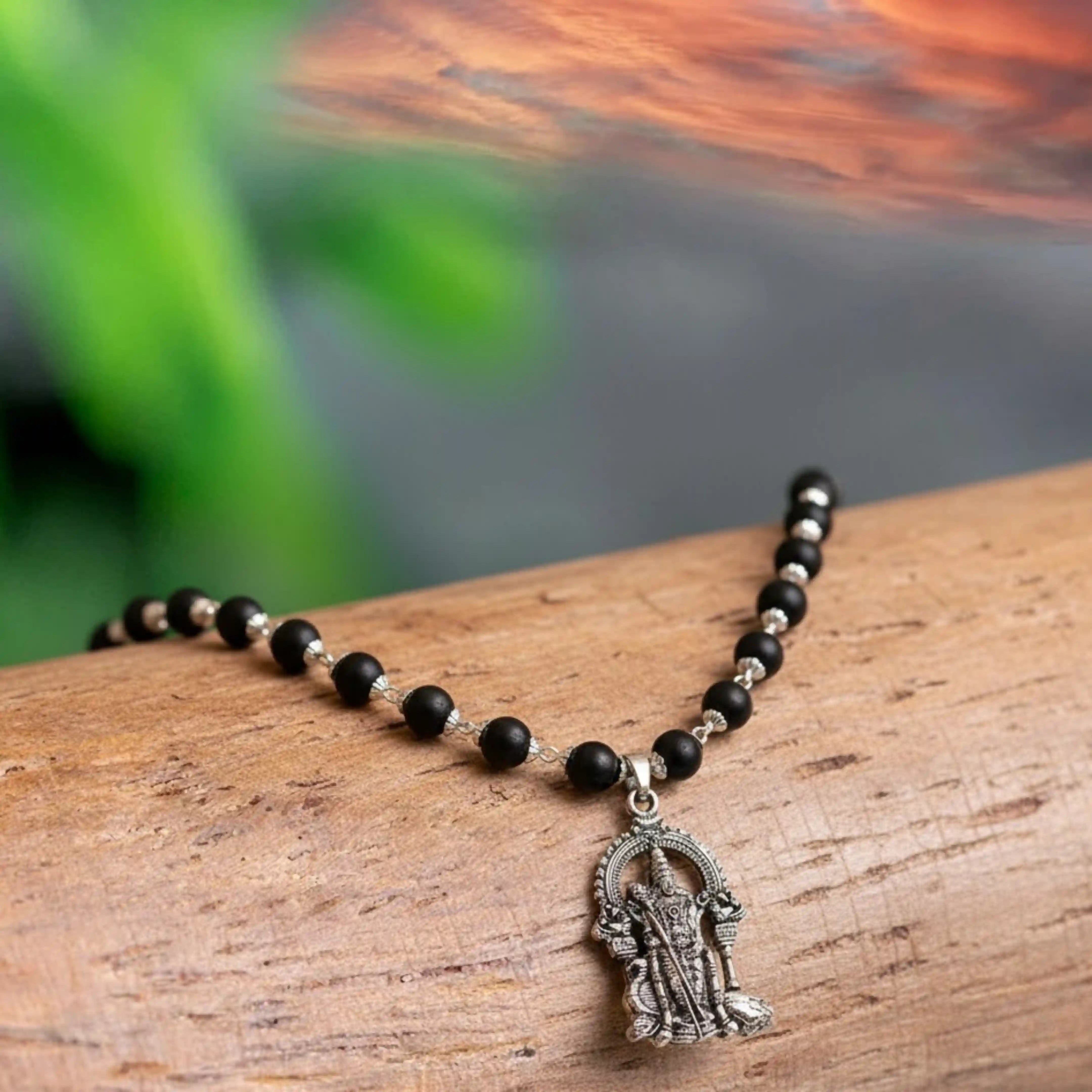 Silver Capped Karungali Malai - Lord Murugan Pendant