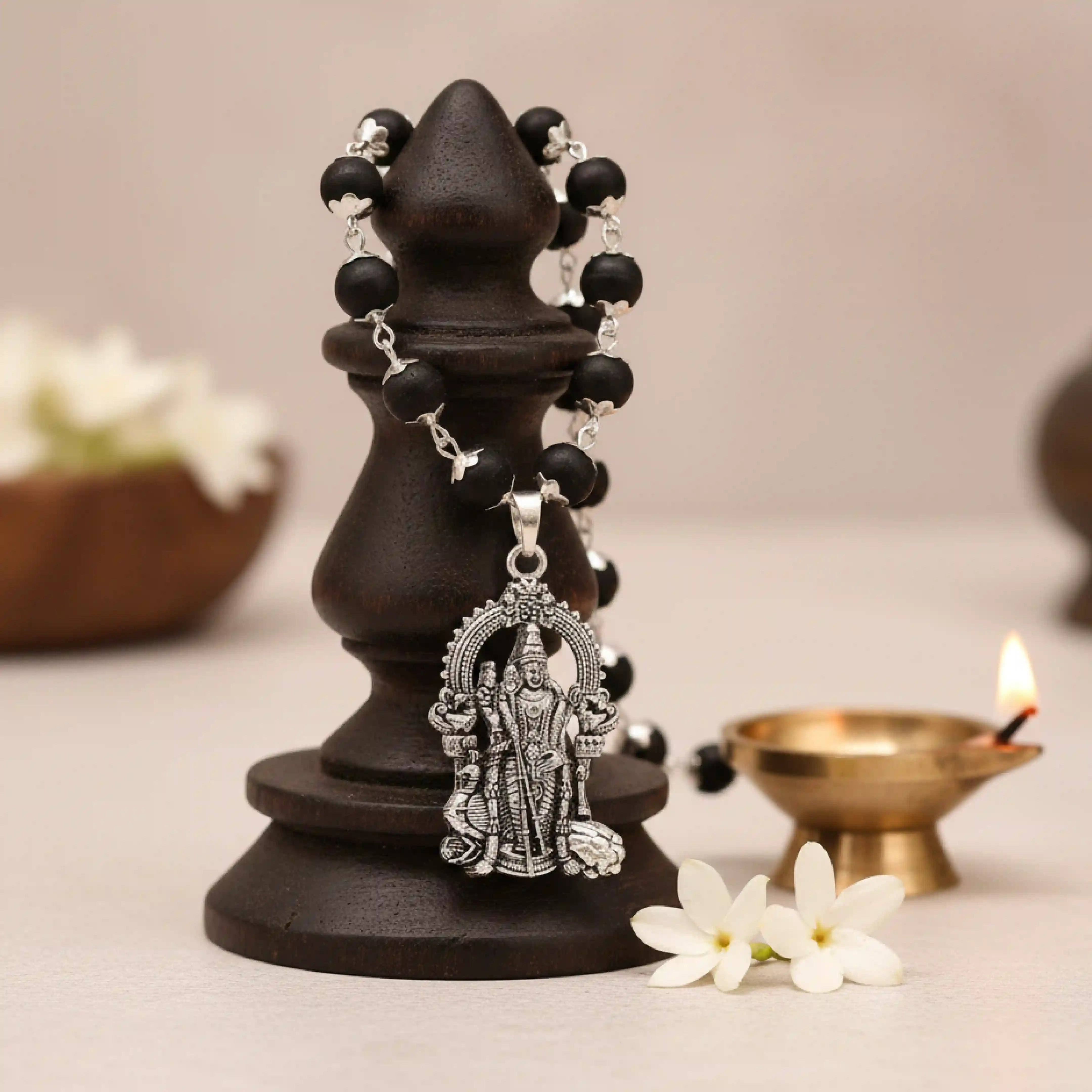 Silver Capped Karungali Malai - Lord Murugan Pendant