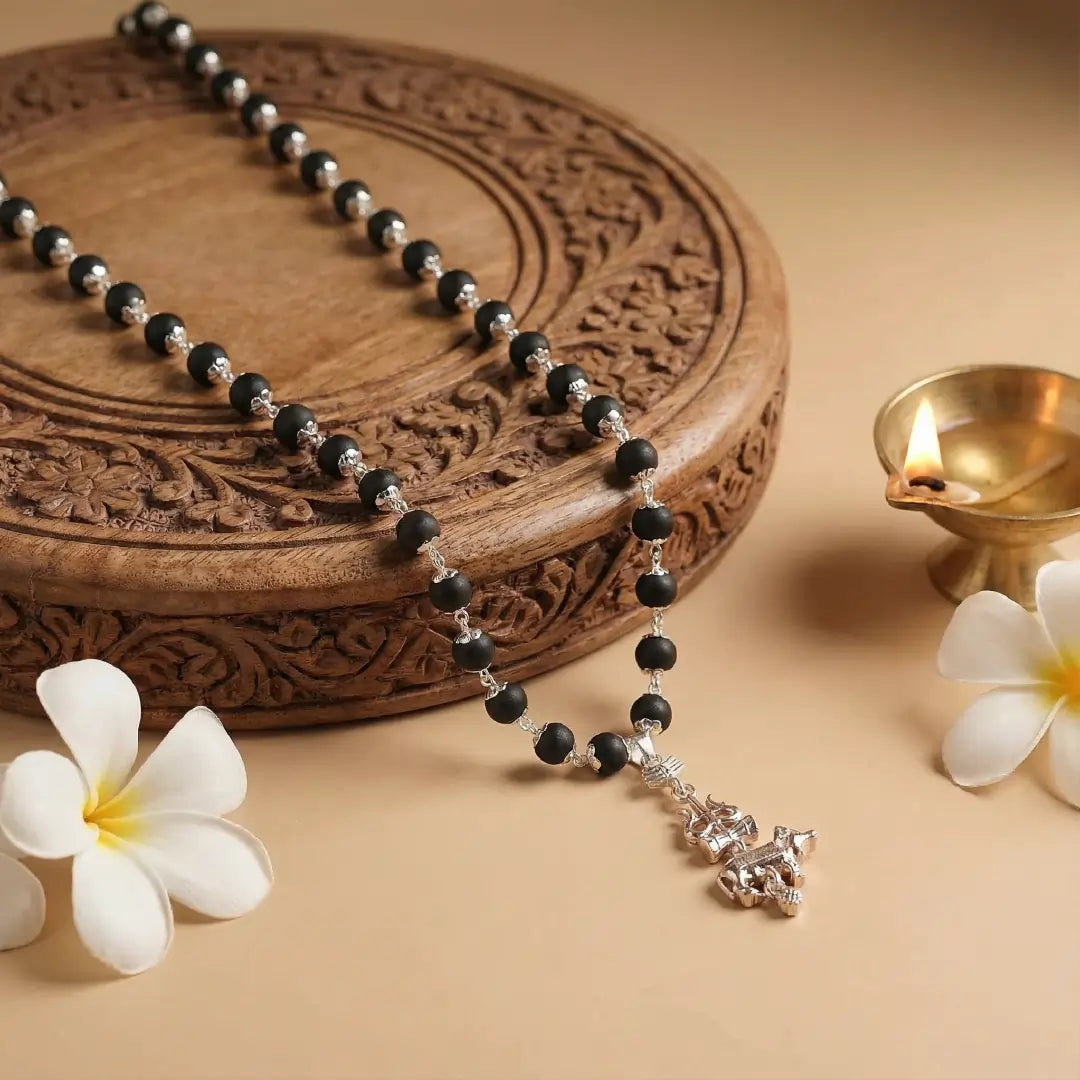 Silver Capped Karungali Malai - Trishul Nandi Pendant