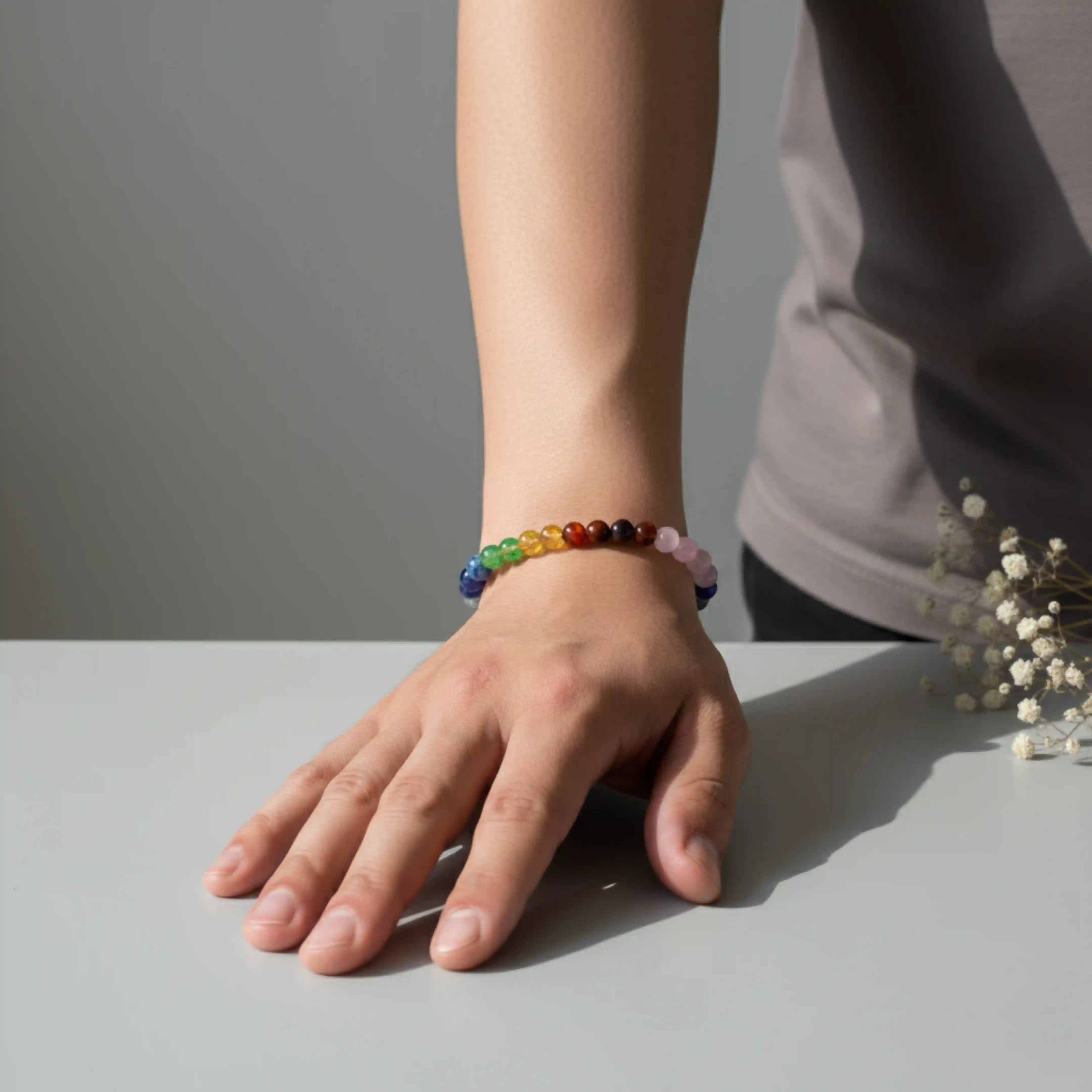 Seven Chakra Bracelet with Rose Quartz, Amethyst, Lapis Lazuli, Sodalite, Green Aventurine, Citrine, Carnelian, Red Jasper
