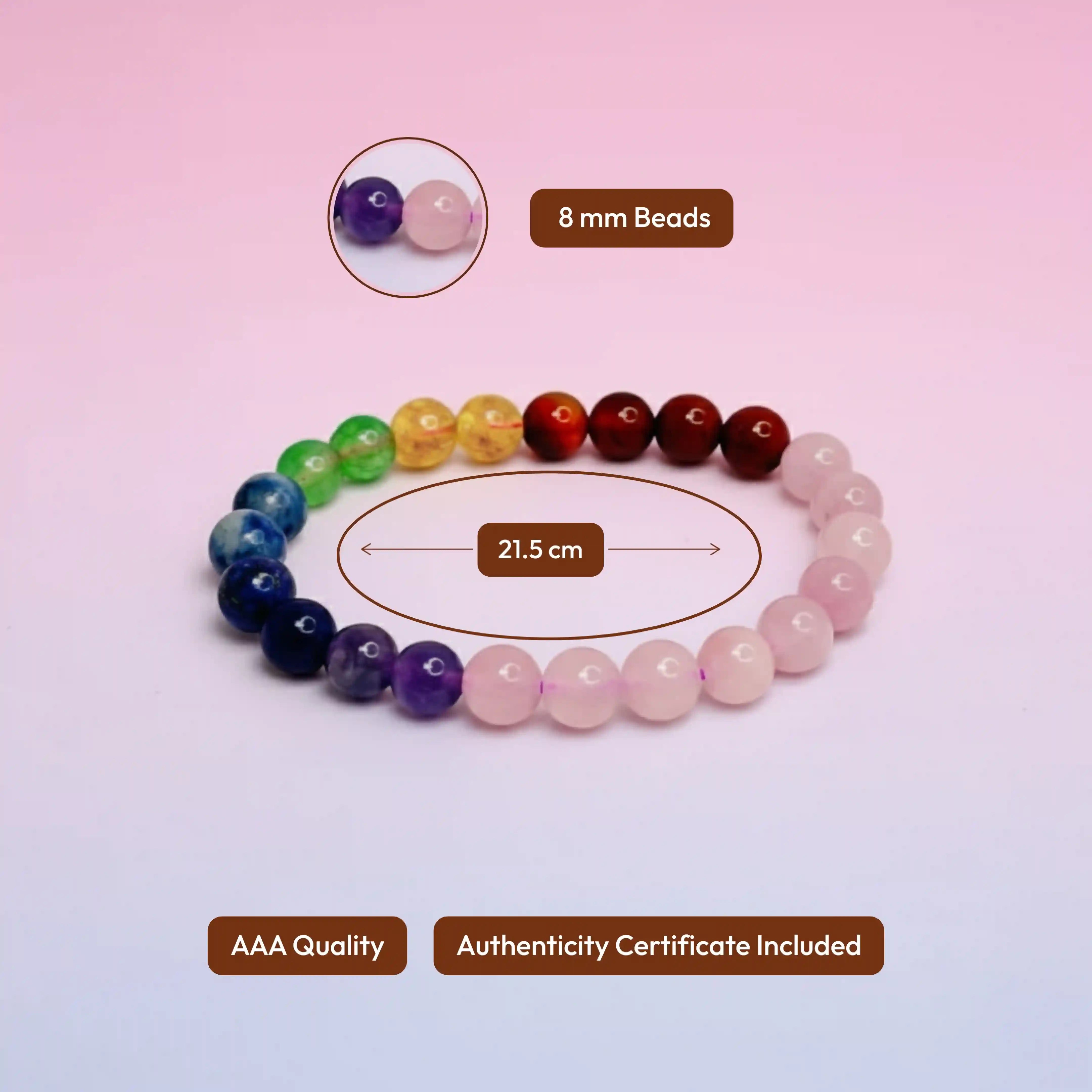 Seven Chakra Bracelet with Rose Quartz, Amethyst, Lapis Lazuli, Sodalite, Green Aventurine, Citrine, Carnelian, Red Jasper