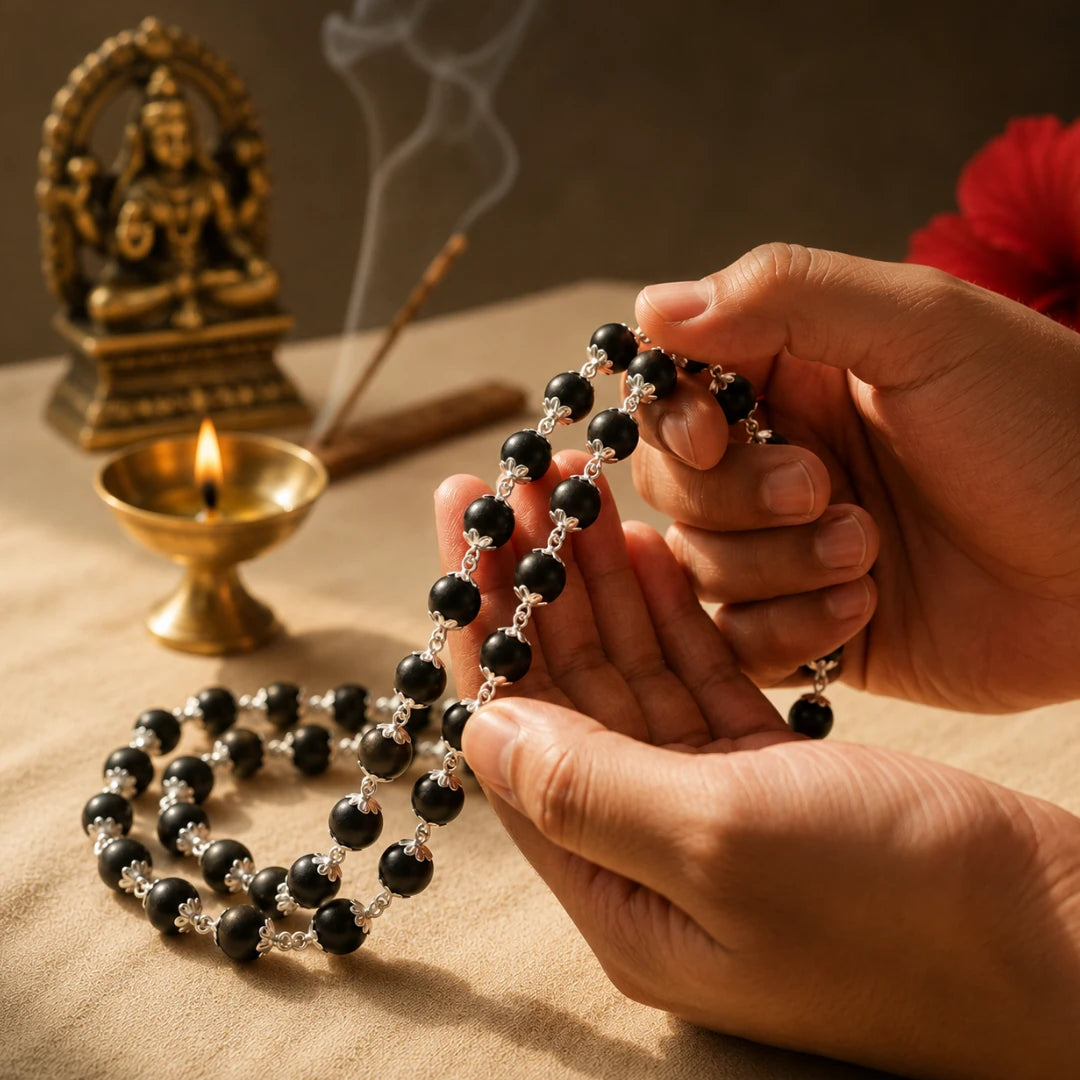 Ebony Wood Mala - Karungali Malai in Silver Panchdhatu