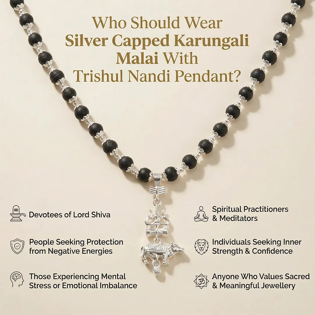 Silver Capped Karungali Malai - Trishul Nandi Pendant