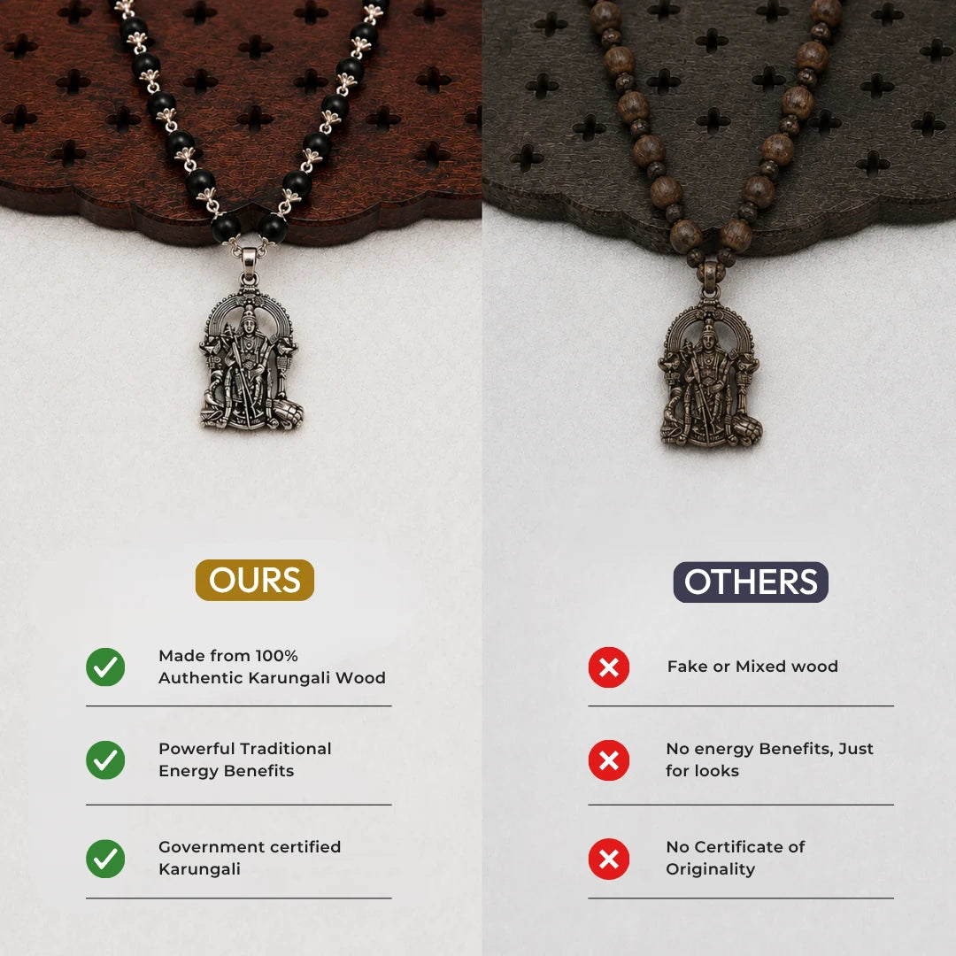 Silver Capped Karungali Malai - Lord Murugan Pendant