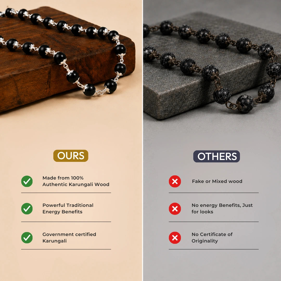 Ebony Wood Mala - Karungali Malai in Silver Panchdhatu