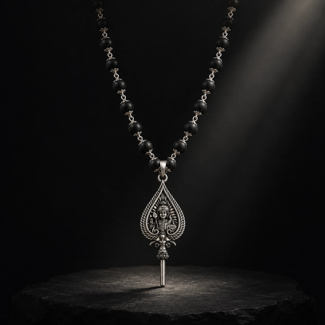 Silver Capped Karungali Malai - Lord Murugan Shastra Pendant