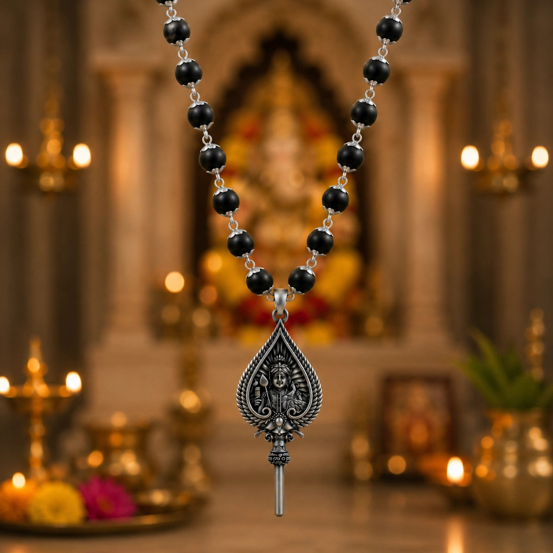 Silver Capped Karungali Malai - Lord Murugan Shastra Pendant