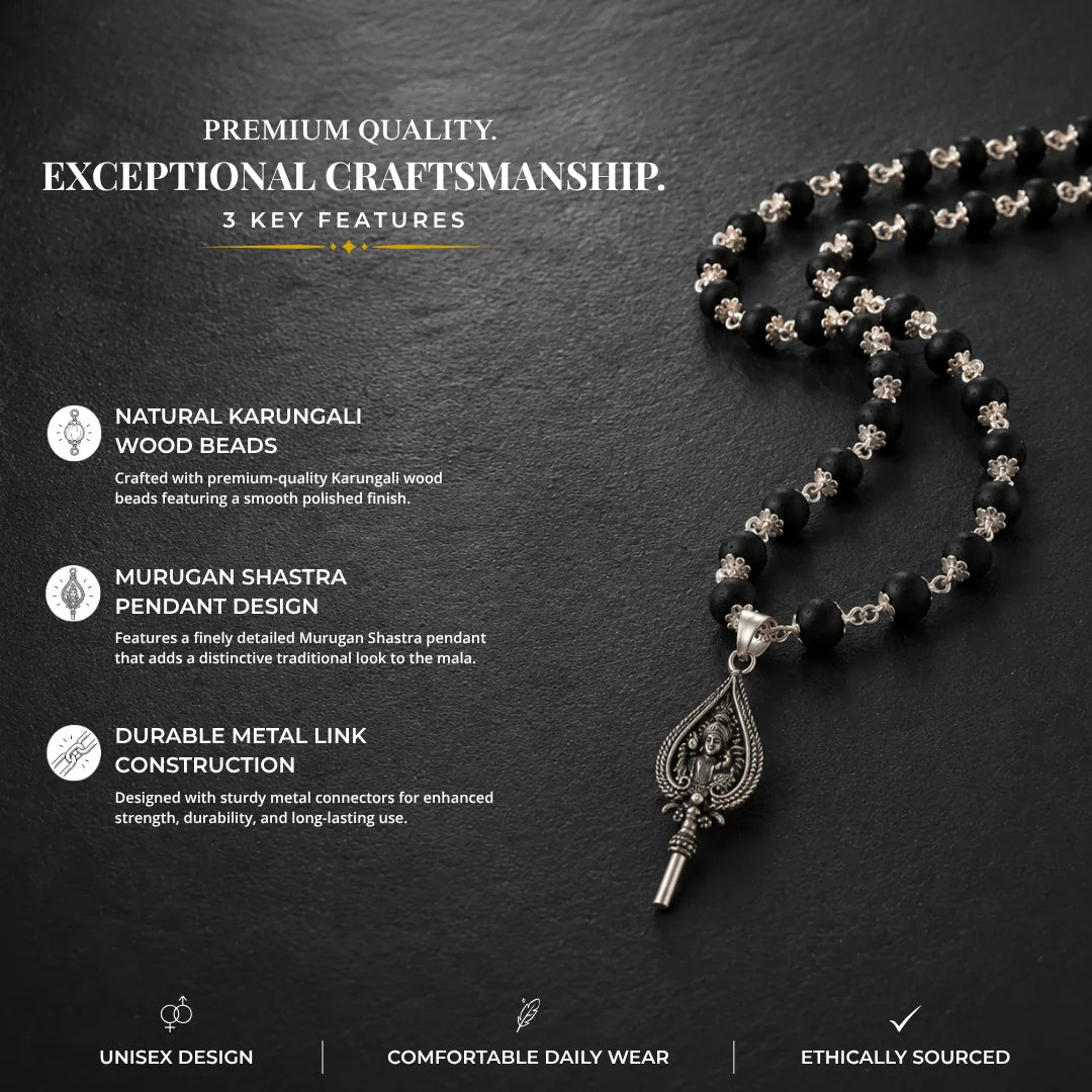 Silver Capped Karungali Malai - Lord Murugan Shastra Pendant