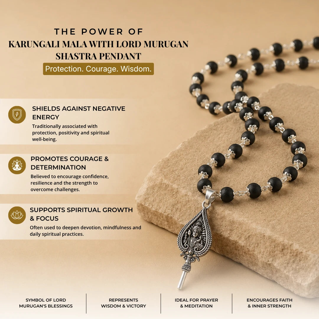 Silver Capped Karungali Malai - Lord Murugan Shastra Pendant