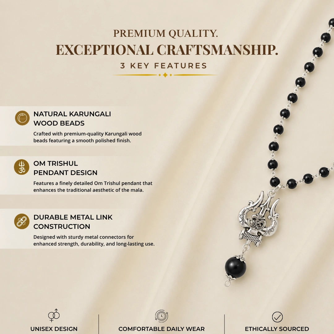 Silver Capped Karungali Malai - Om Trishul Pendant