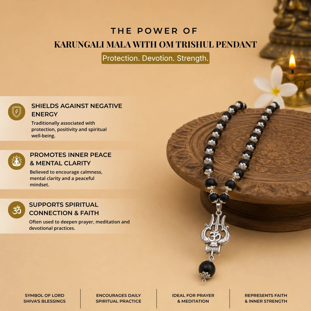 Silver Capped Karungali Malai - Om Trishul Pendant