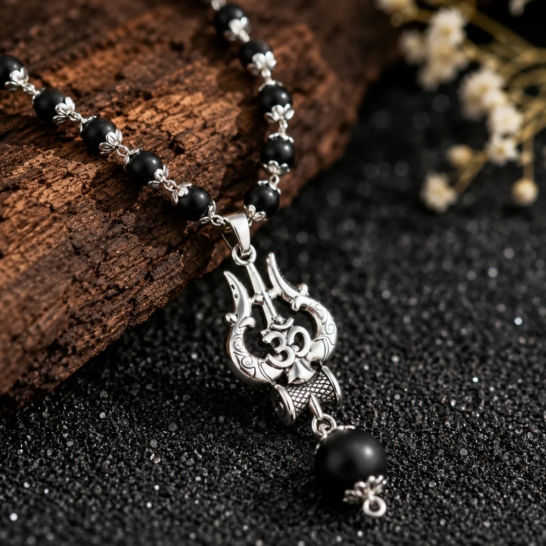 Silver Capped Karungali Malai - Om Trishul Pendant