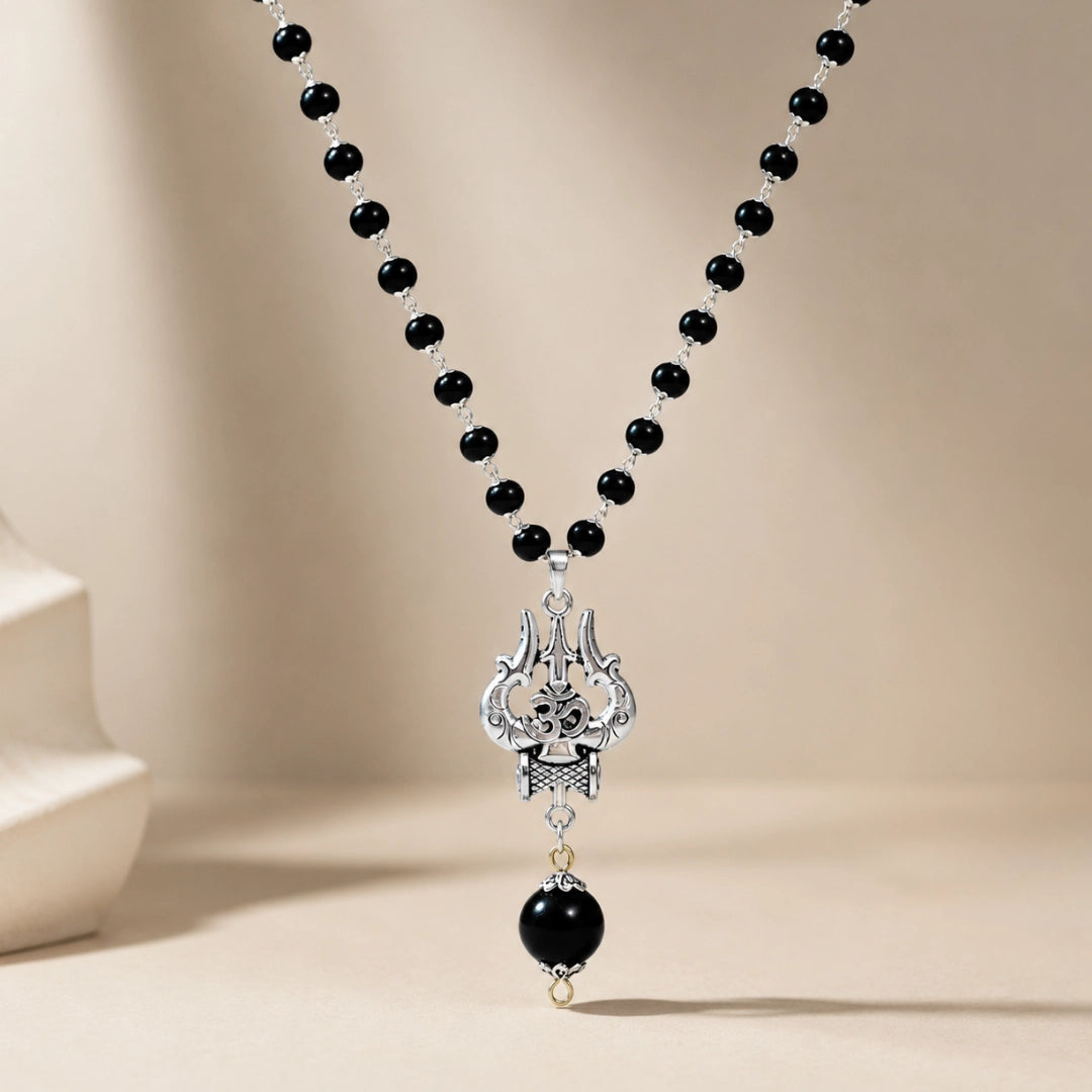 Silver Capped Karungali Malai - Om Trishul Pendant