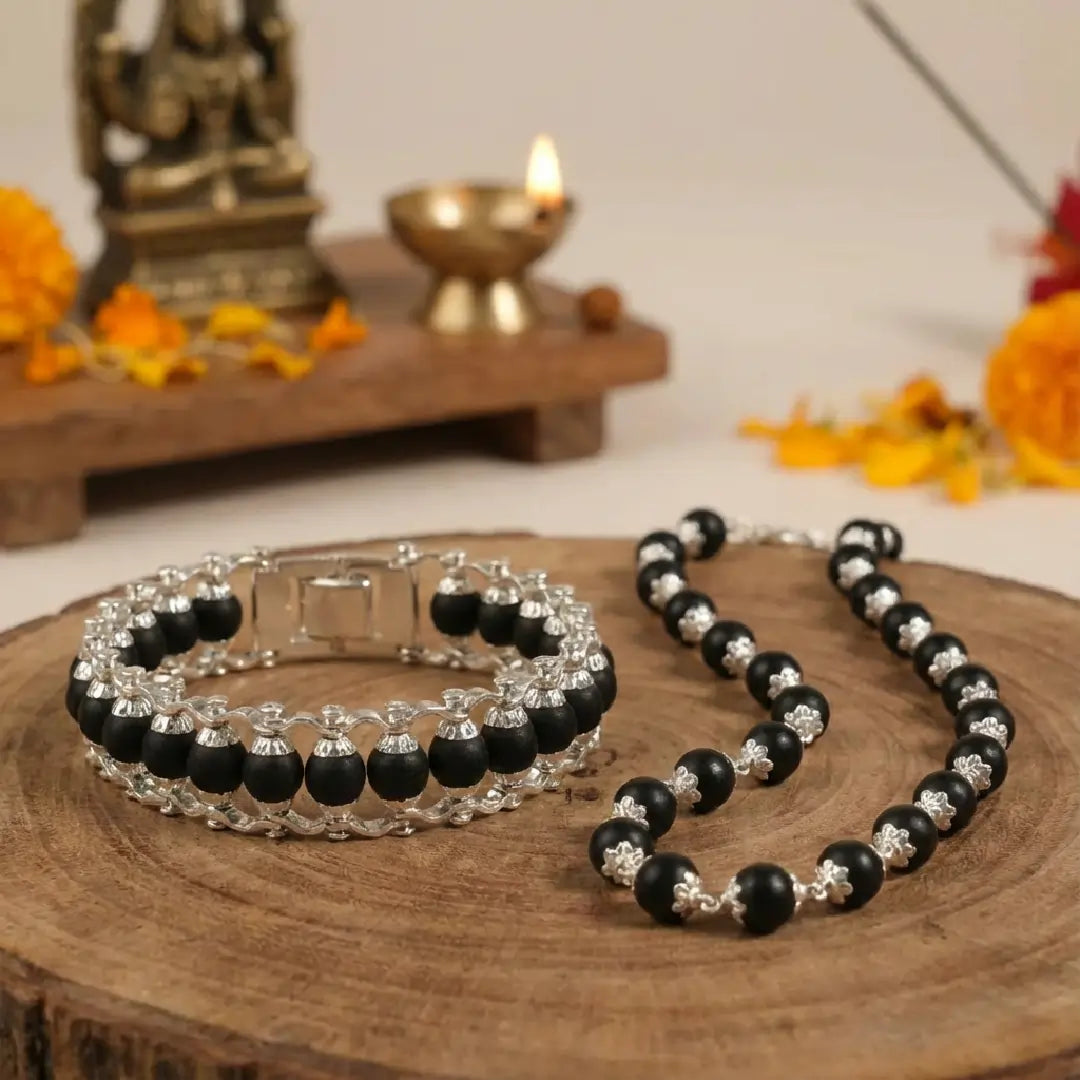 Karungali Silver Capped Combo - Karungali Mala + Bracelet
