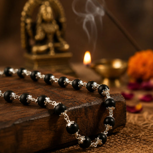 Ebony Wood Mala - Karungali Malai in Silver Panchdhatu
