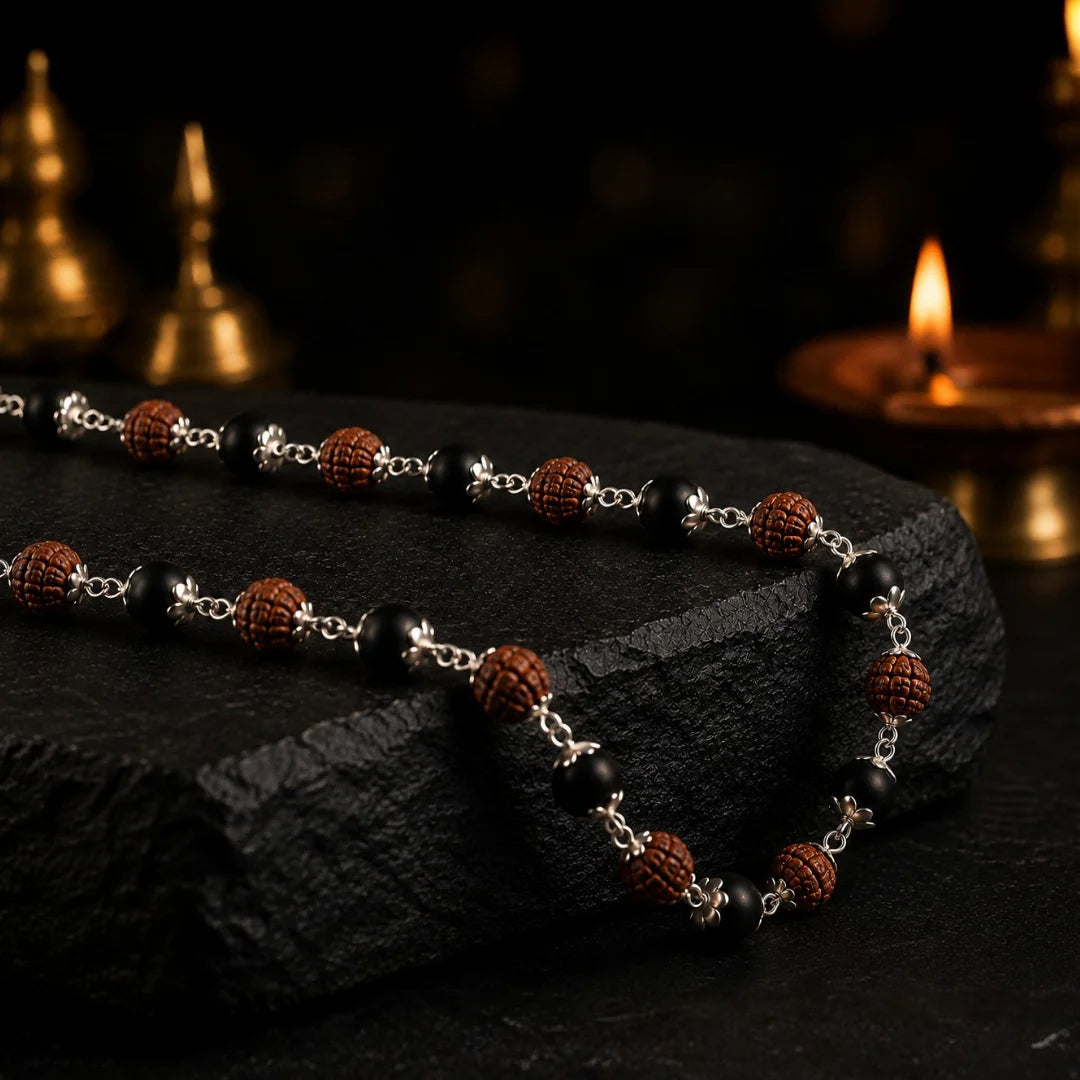 Silver Capped Karungali Rudraksha Mala