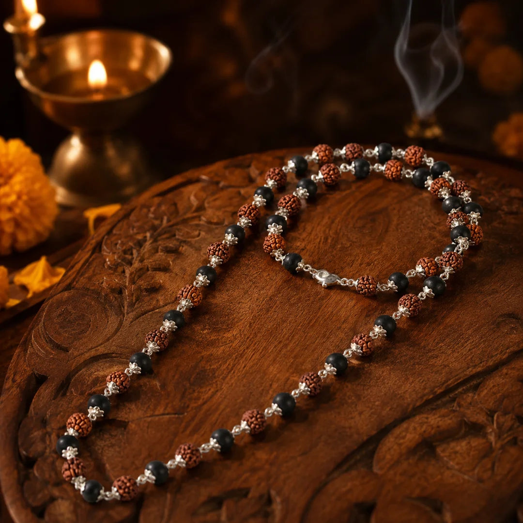 Silver Capped Karungali Rudraksha Mala