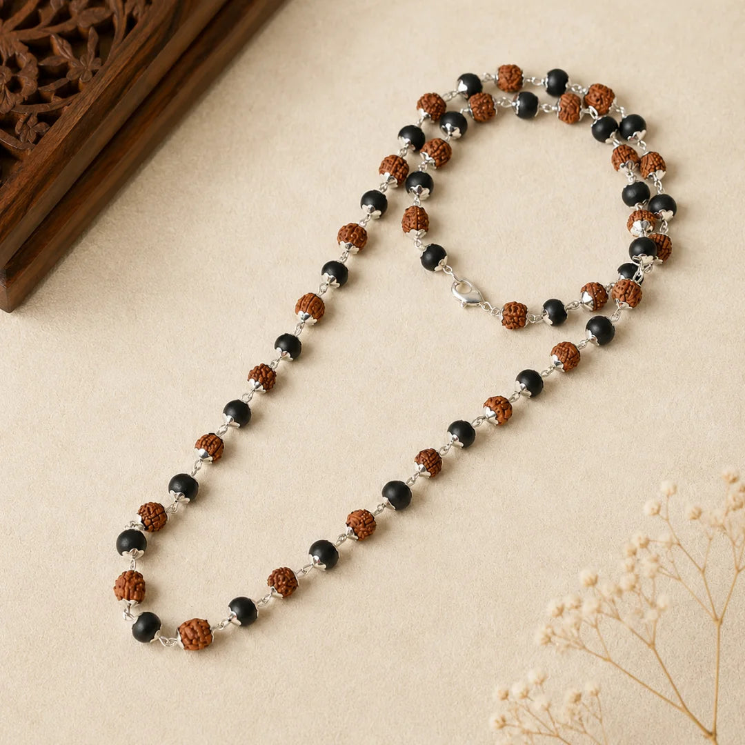 Silver Capped Karungali Rudraksha Mala
